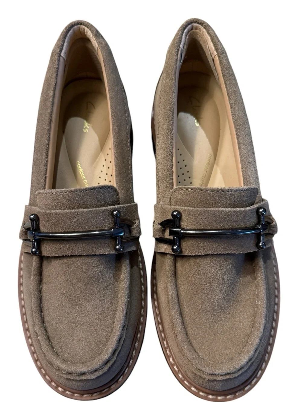 Clark’s Taupe Suede Women's Size 6 Lug Sole Loafers with Metal Bit